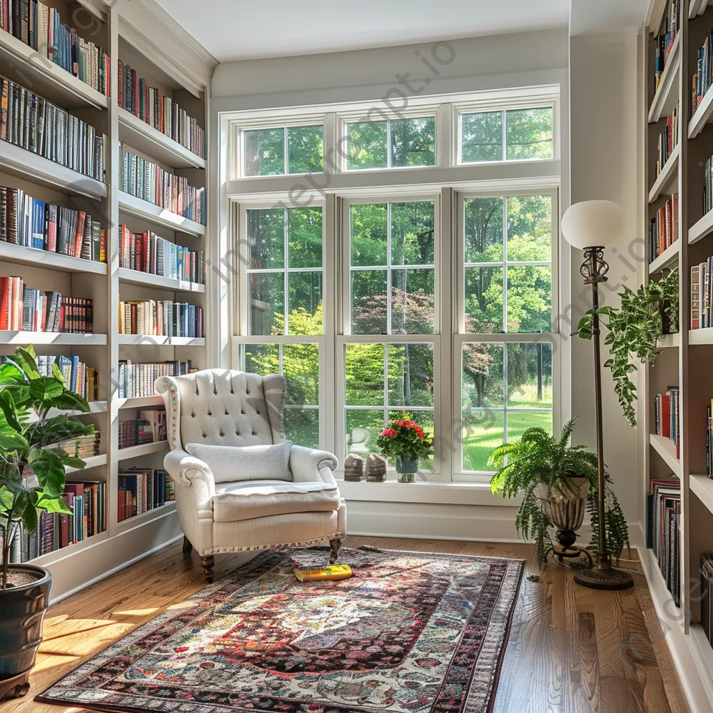 A sunny home library with floor-to-ceiling bookshelves and a reading chair. - Image 3