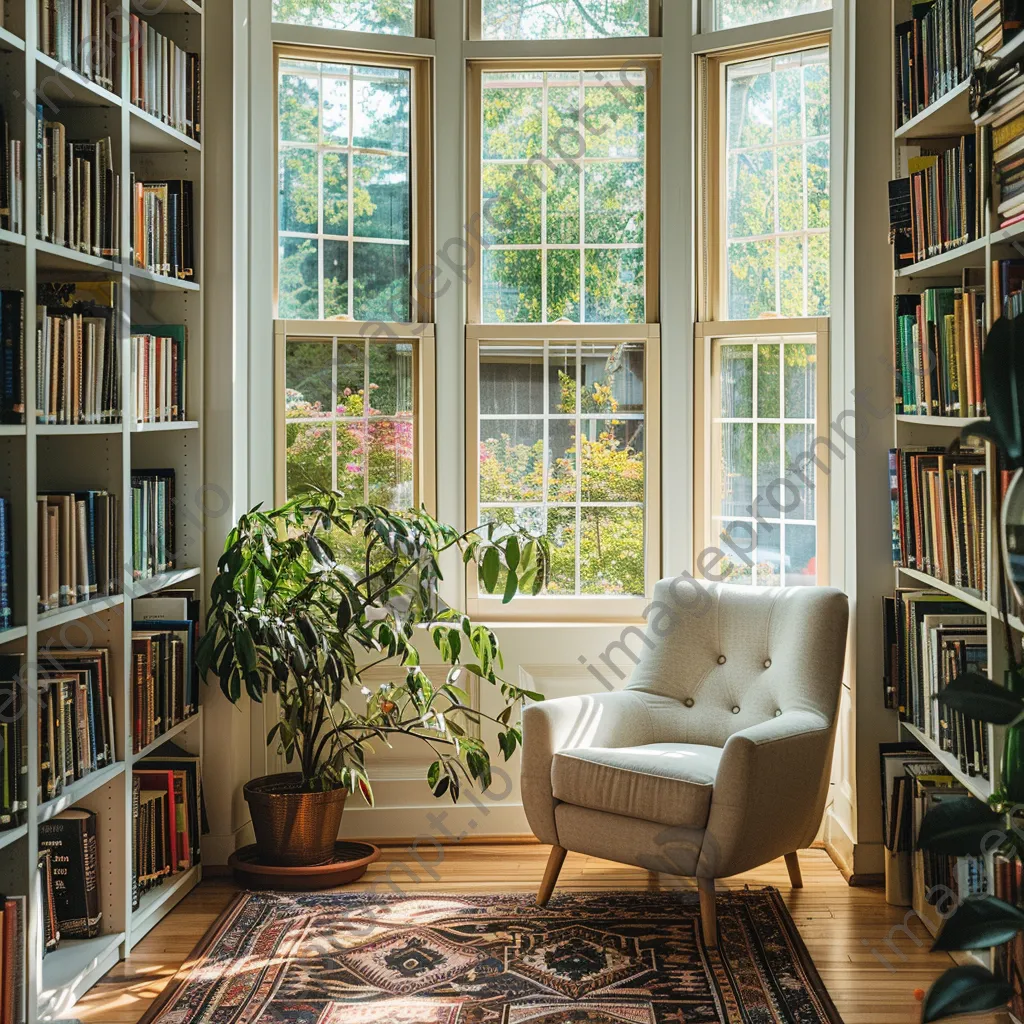 A sunny home library with floor-to-ceiling bookshelves and a reading chair. - Image 4