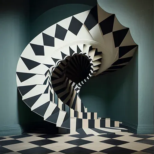 Spiraling staircase with geometric pattern in overhead lighting - Image 1