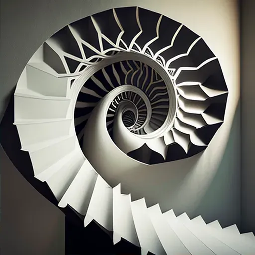 Spiraling staircase with geometric pattern in overhead lighting - Image 2