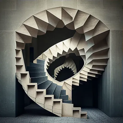 Spiraling staircase with geometric pattern in overhead lighting - Image 3