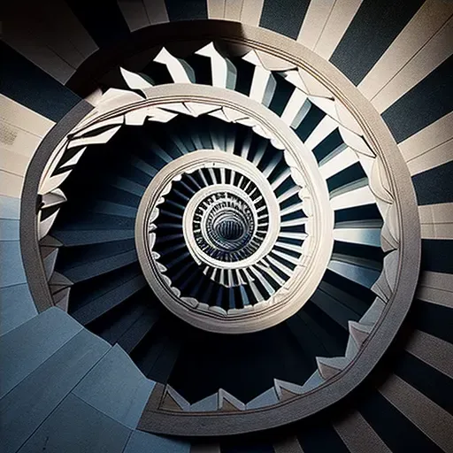 Spiraling staircase with geometric pattern in overhead lighting - Image 4