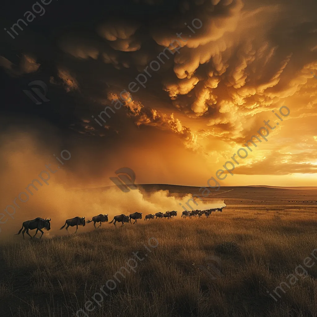 Herd of wildebeest migrating during golden hour. - Image 1