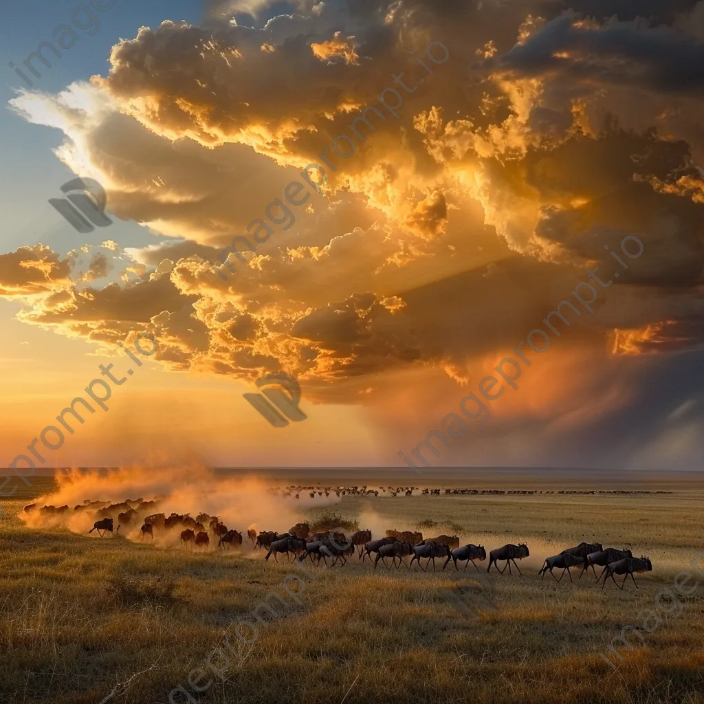 Herd of wildebeest migrating during golden hour. - Image 2