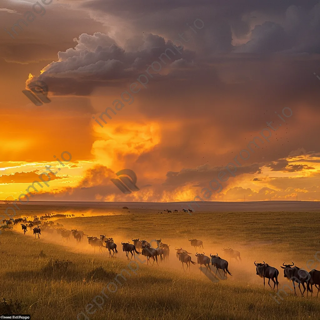 Herd of wildebeest migrating during golden hour. - Image 3