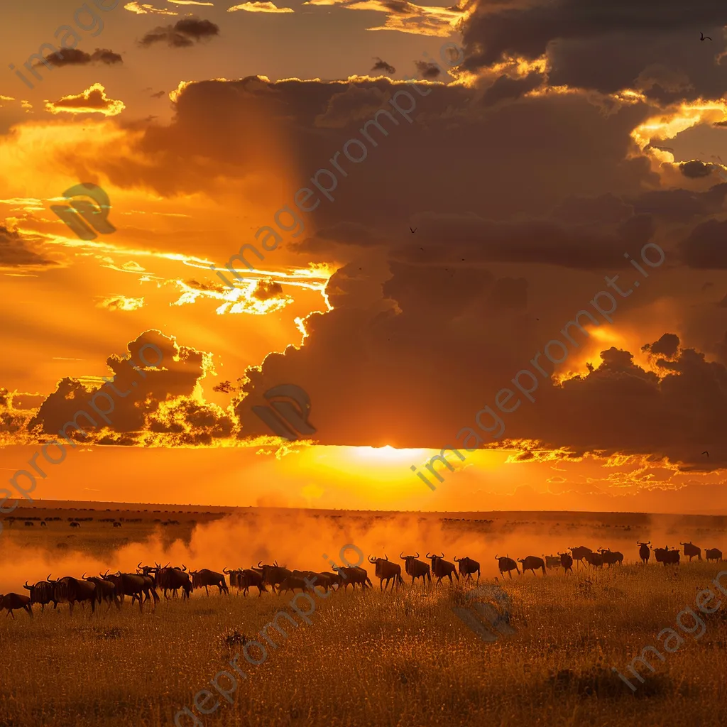 Herd of wildebeest migrating during golden hour. - Image 4