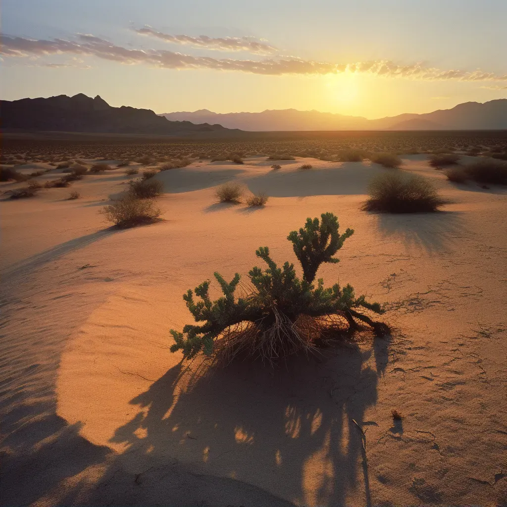 View of a vast desert landscape at sunset with sand dunes and a solitary cactus - Image 2