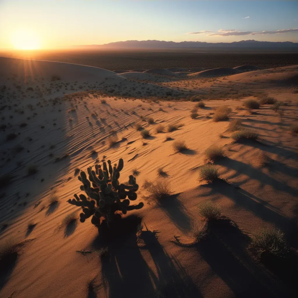 View of a vast desert landscape at sunset with sand dunes and a solitary cactus - Image 3