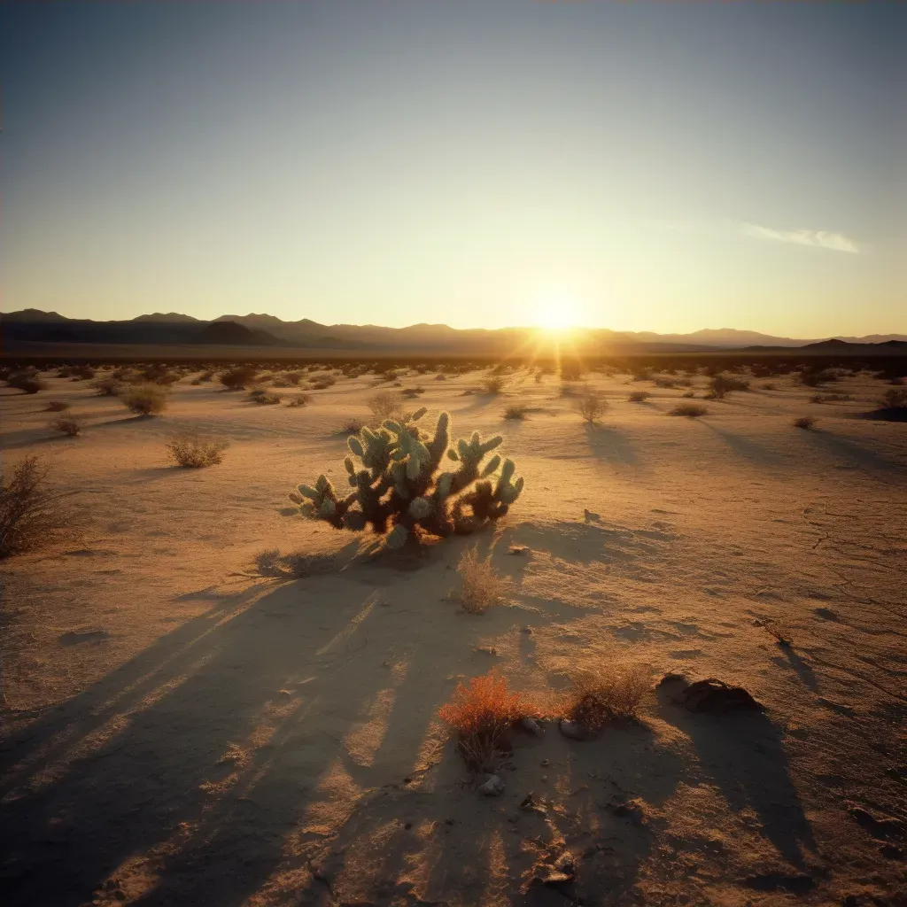 View of a vast desert landscape at sunset with sand dunes and a solitary cactus - Image 4