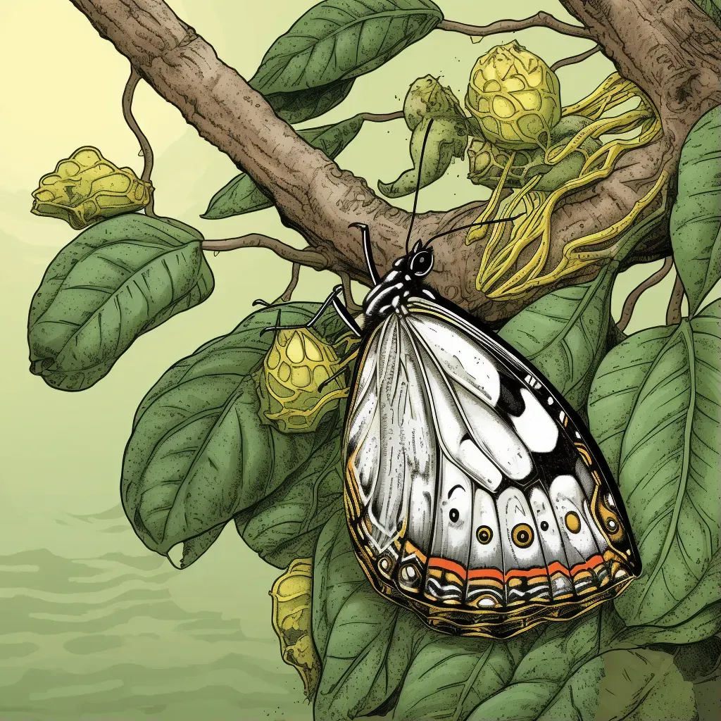 Image of a caterpillar in a cocoon with a butterfly on a leafy branch - Image 1