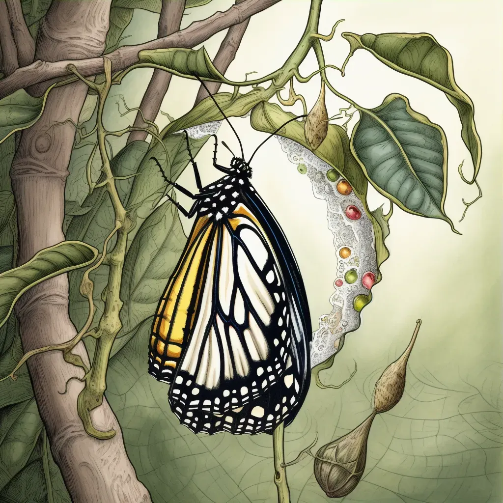 Image of a caterpillar in a cocoon with a butterfly on a leafy branch - Image 3