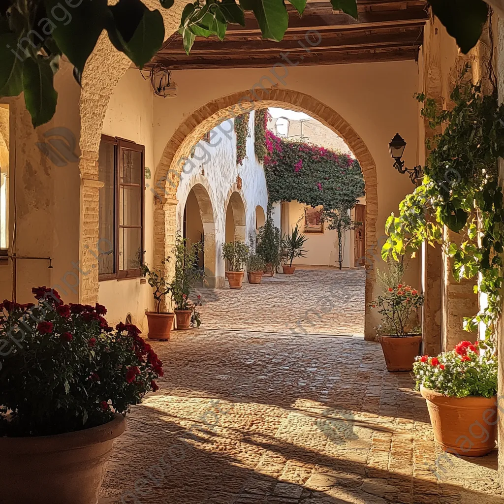 Arched well in a charming antique courtyard during golden hour - Image 1