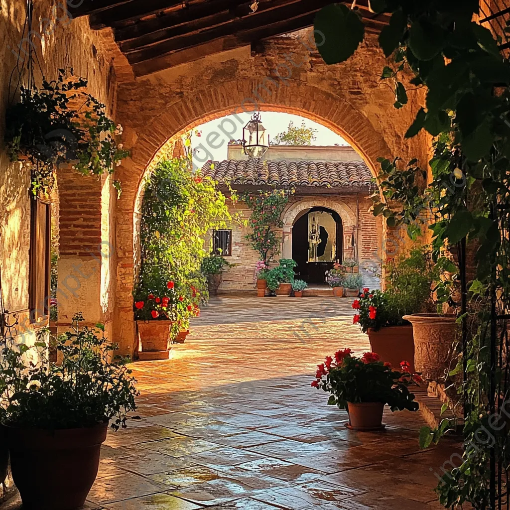 Arched well in a charming antique courtyard during golden hour - Image 2