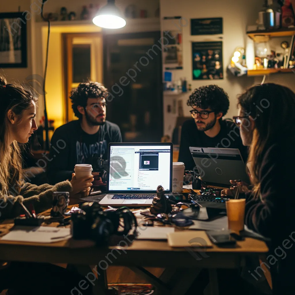 A group of coworkers collaborating at a table with laptops and notes. - Image 1