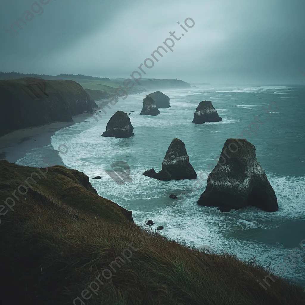 Coastal sea stacks under dark, rainy skies - Image 1