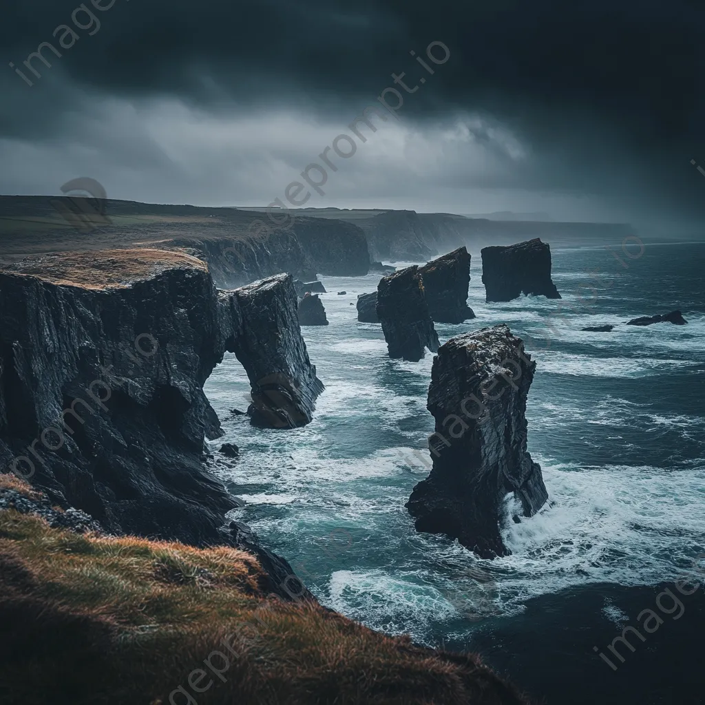 Coastal sea stacks under dark, rainy skies - Image 2