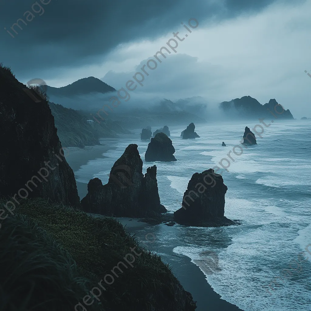 Coastal sea stacks under dark, rainy skies - Image 3