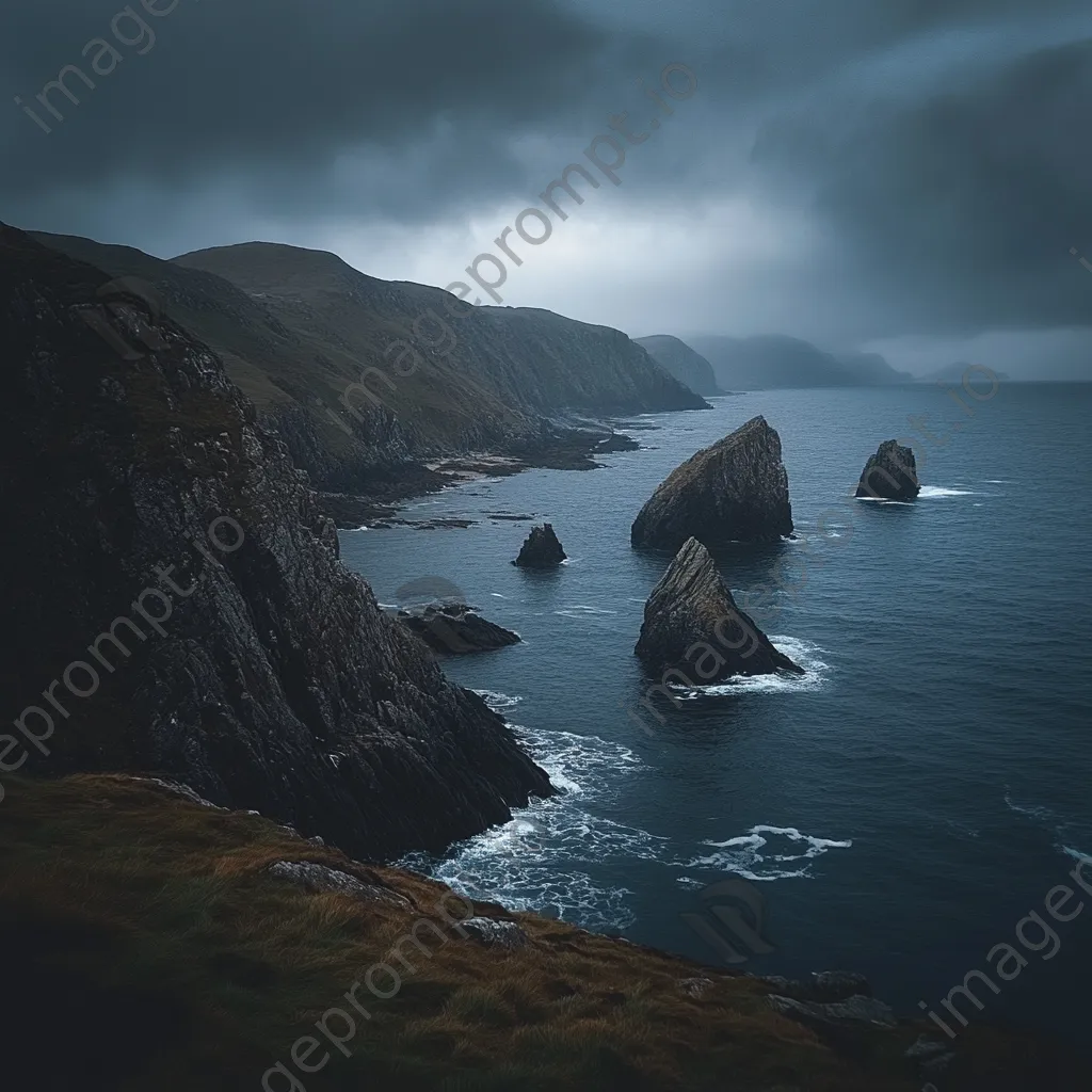 Coastal sea stacks under dark, rainy skies - Image 4