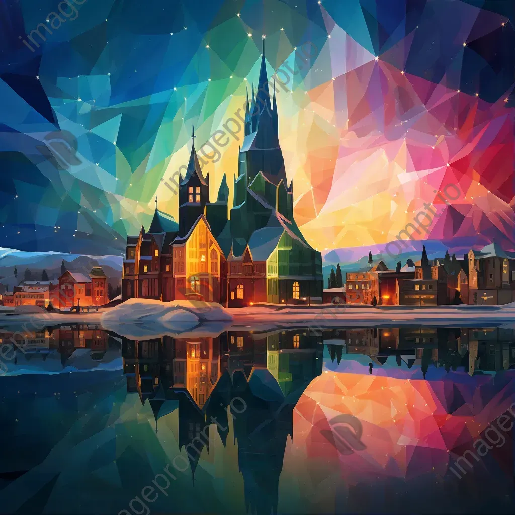 Low poly digital depiction of a city lit by the stunning northern lights - Image 1