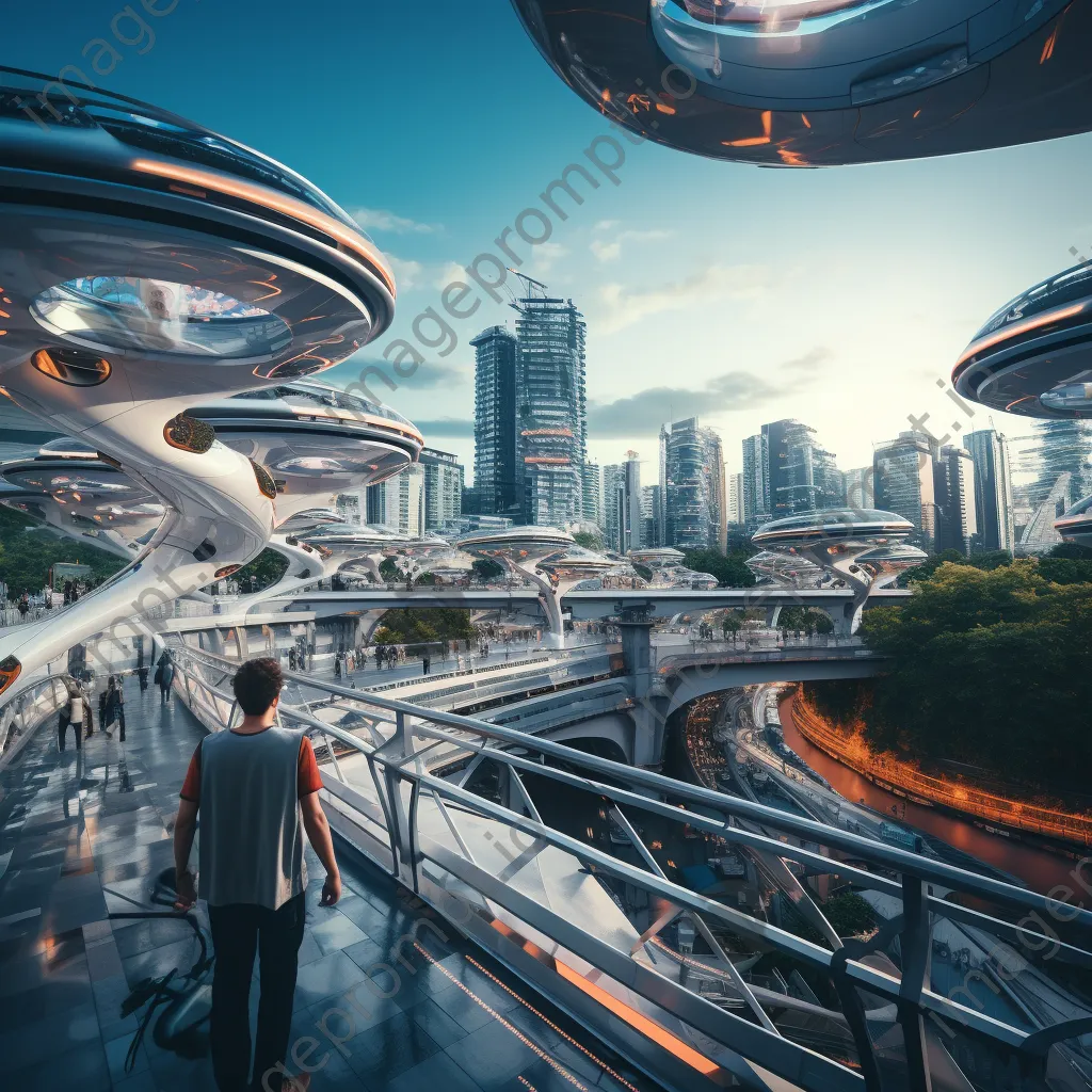 View of futuristic city from a pedestrian bridge - Image 2