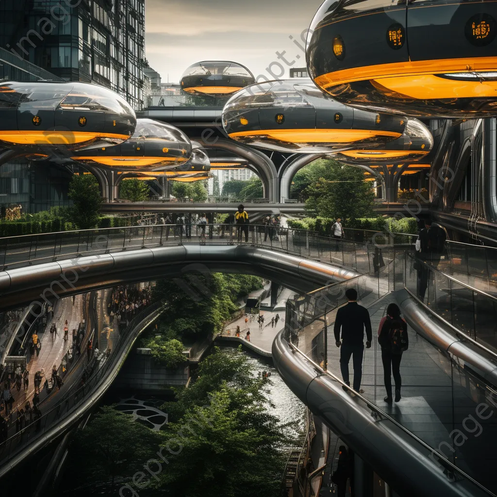 View of futuristic city from a pedestrian bridge - Image 3