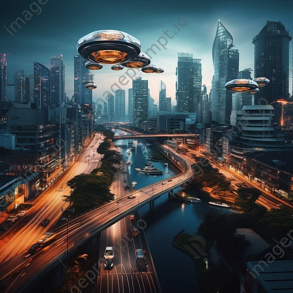 View of futuristic city from a pedestrian bridge - Image 4