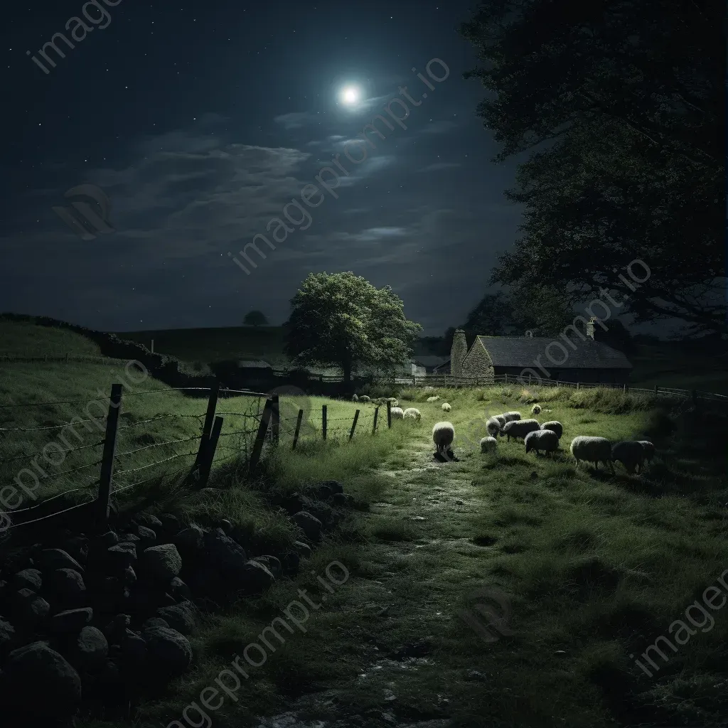 Moonlit countryside farm with grazing sheep - Image 1