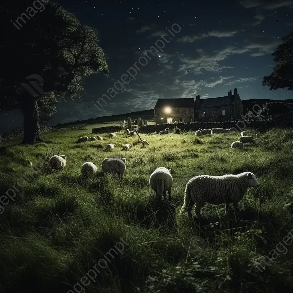 Moonlit countryside farm with grazing sheep - Image 3