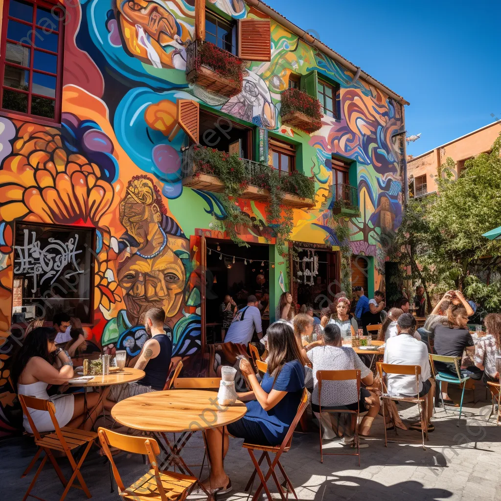 Street café with diners and colorful murals in the background - Image 2