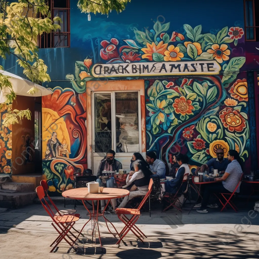 Street café with diners and colorful murals in the background - Image 3