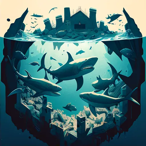 School of hammerhead sharks swimming over sunken city in deep ocean - Image 2