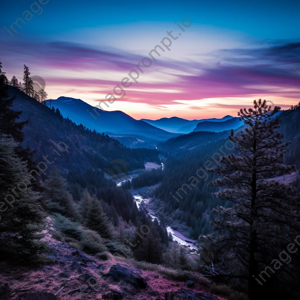 Mountain valley at dusk with silhouettes and pastel sky - Image 1