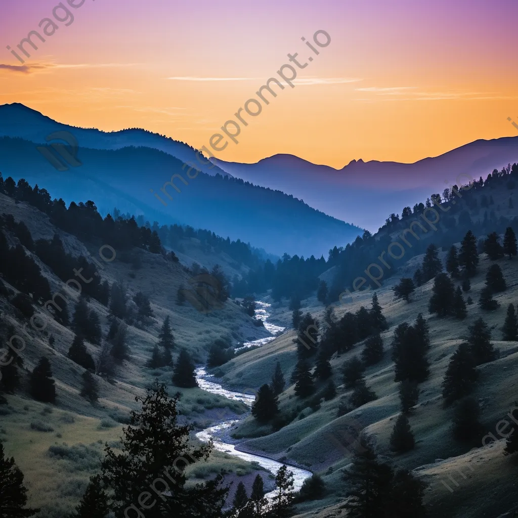 Mountain valley at dusk with silhouettes and pastel sky - Image 2