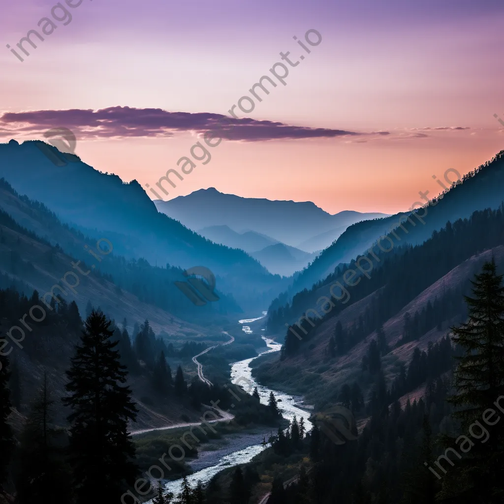 Mountain valley at dusk with silhouettes and pastel sky - Image 3