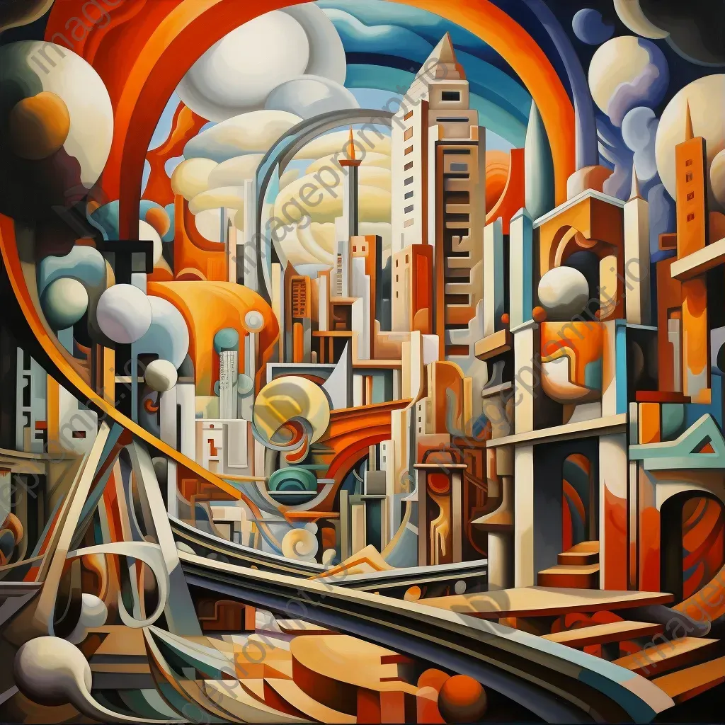 Futuristic cityscape rendered in cubist style featuring dragon-like monorails and towering crystal skyscrapers - Image 1