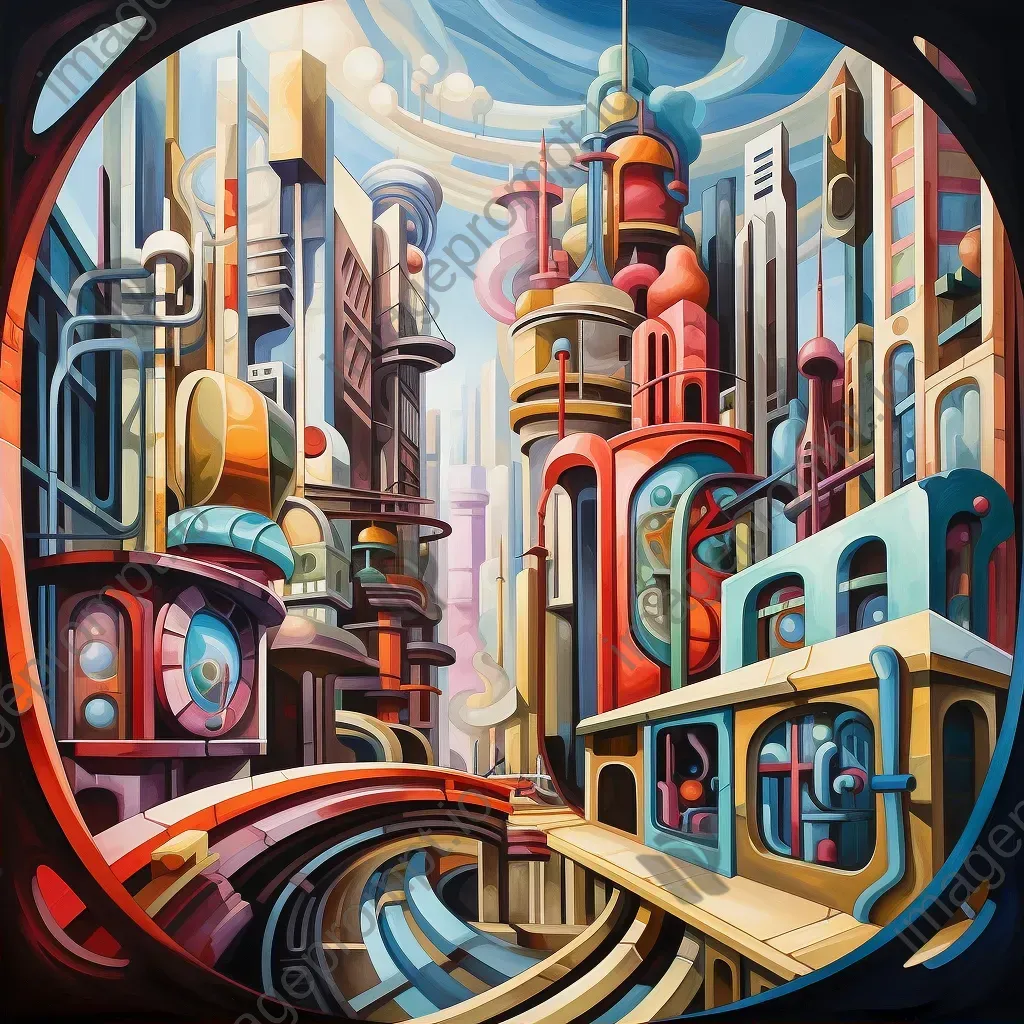 Futuristic cityscape rendered in cubist style featuring dragon-like monorails and towering crystal skyscrapers - Image 2