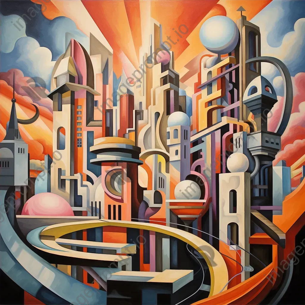 Futuristic cityscape rendered in cubist style featuring dragon-like monorails and towering crystal skyscrapers - Image 4