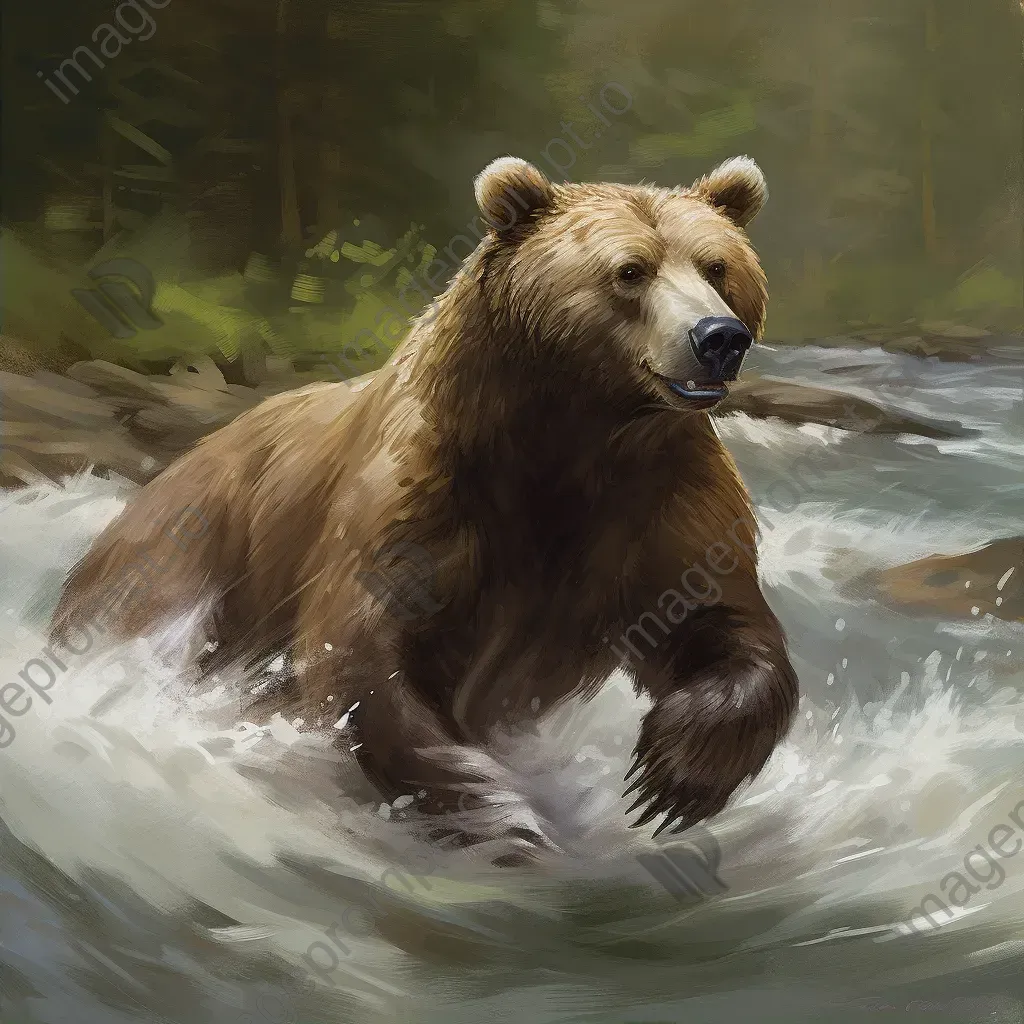 Brown bear catching salmon in rushing river - Image 2