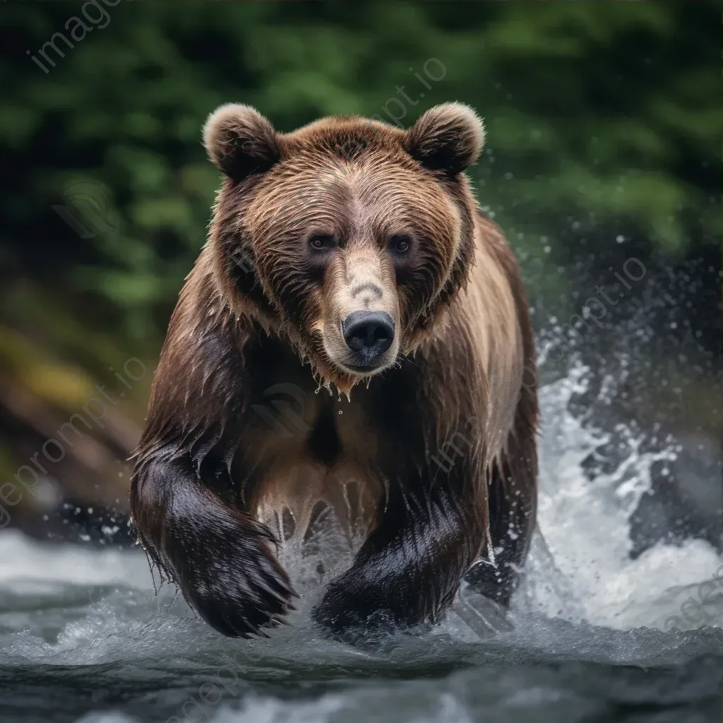 Brown bear catching salmon in rushing river - Image 3