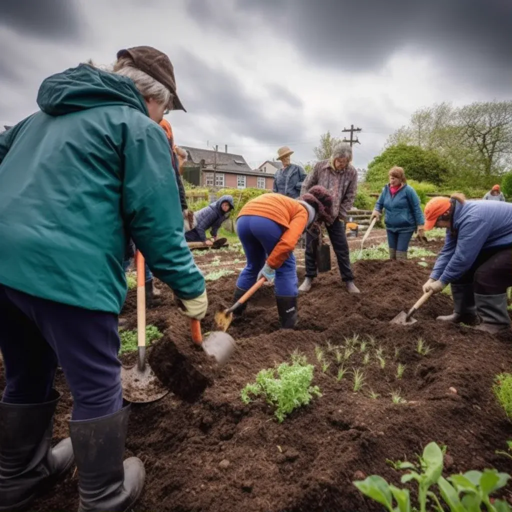 Community garden project with volunteers planting and tending to vegetables - Image 1