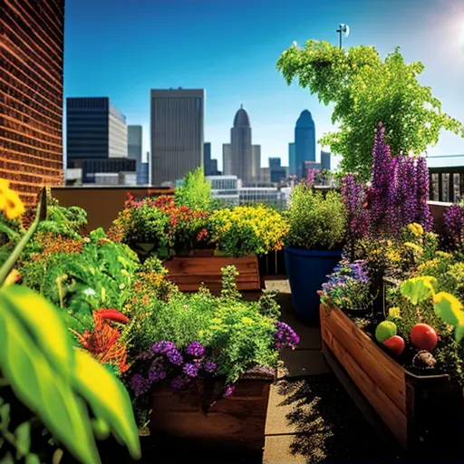 Image of a tranquil rooftop garden with colorful flowers and herbs in an urban setting - Image 1