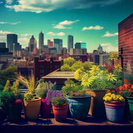 Image of a tranquil rooftop garden with colorful flowers and herbs in an urban setting - Image 3