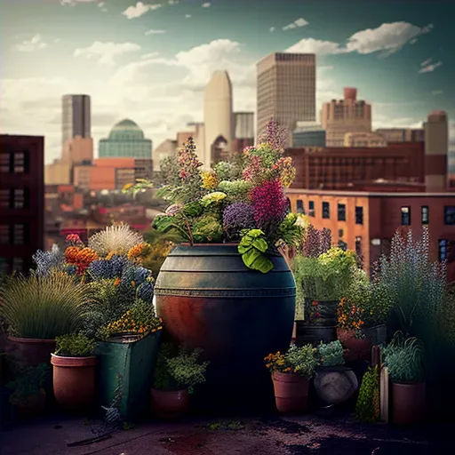 Image of a tranquil rooftop garden with colorful flowers and herbs in an urban setting - Image 4