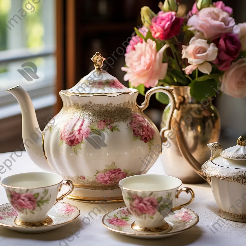 Elegant teapot and teacups surrounded by flowers for afternoon tea. - Image 1