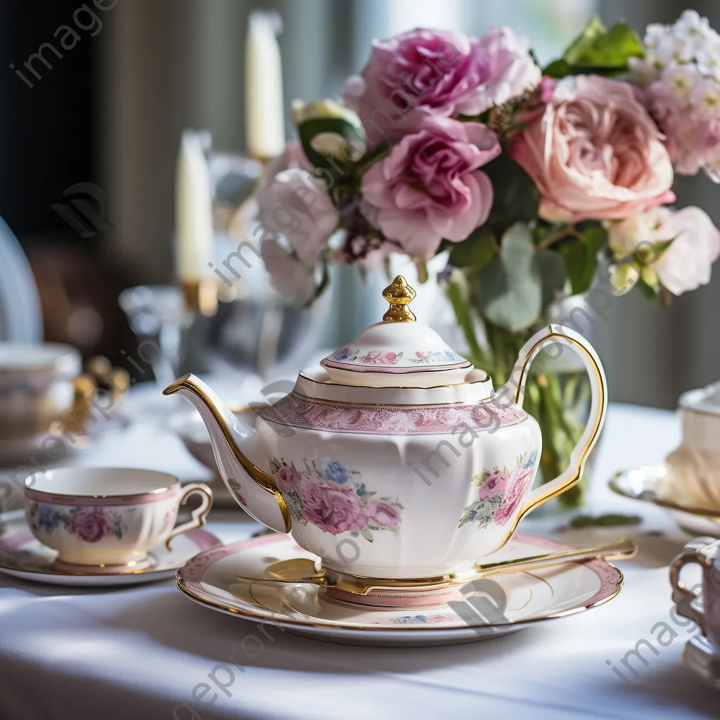 Elegant teapot and teacups surrounded by flowers for afternoon tea. - Image 2