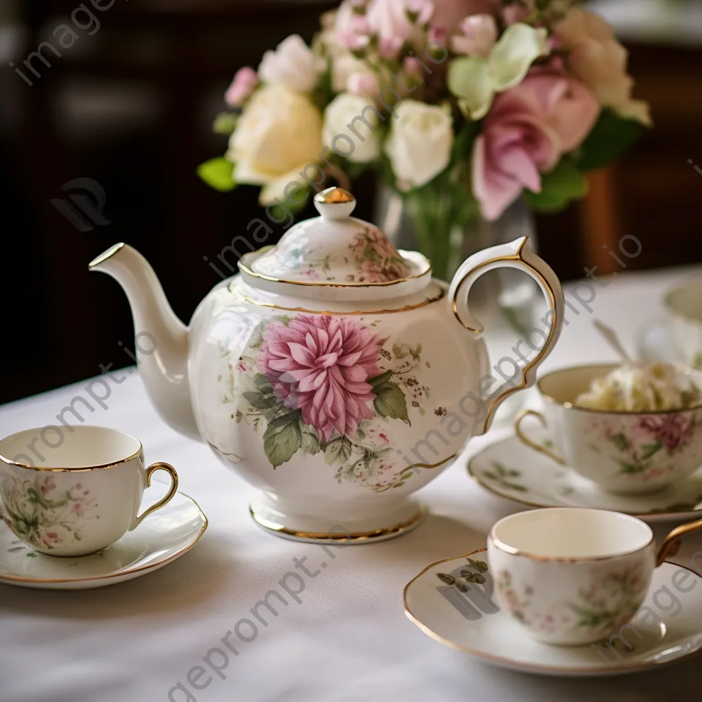 Elegant teapot and teacups surrounded by flowers for afternoon tea. - Image 4