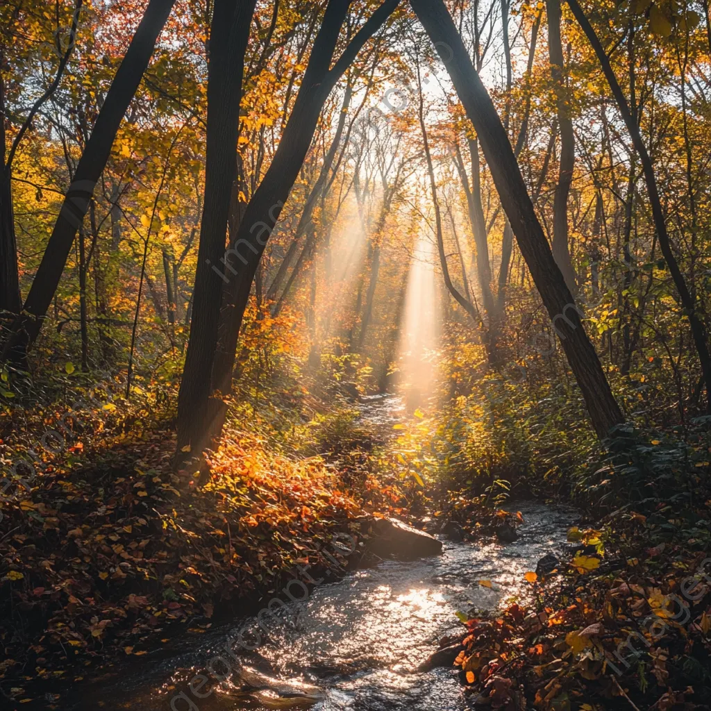 Woodland clearing in autumn with colorful leaves and a small creek. - Image 2