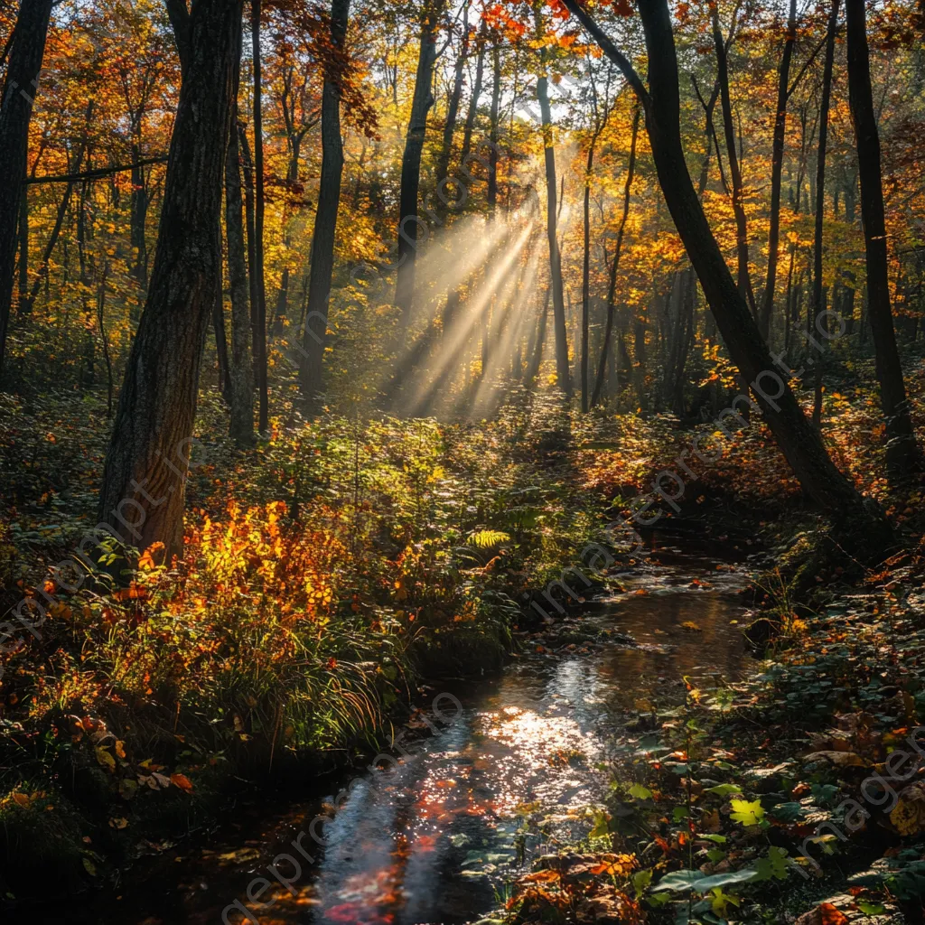 Woodland clearing in autumn with colorful leaves and a small creek. - Image 3