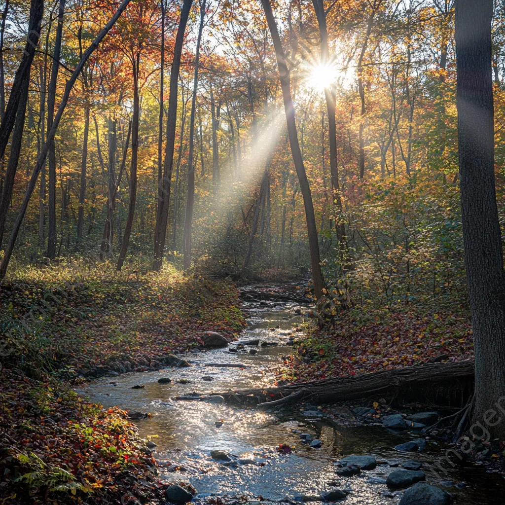 Woodland clearing in autumn with colorful leaves and a small creek. - Image 4