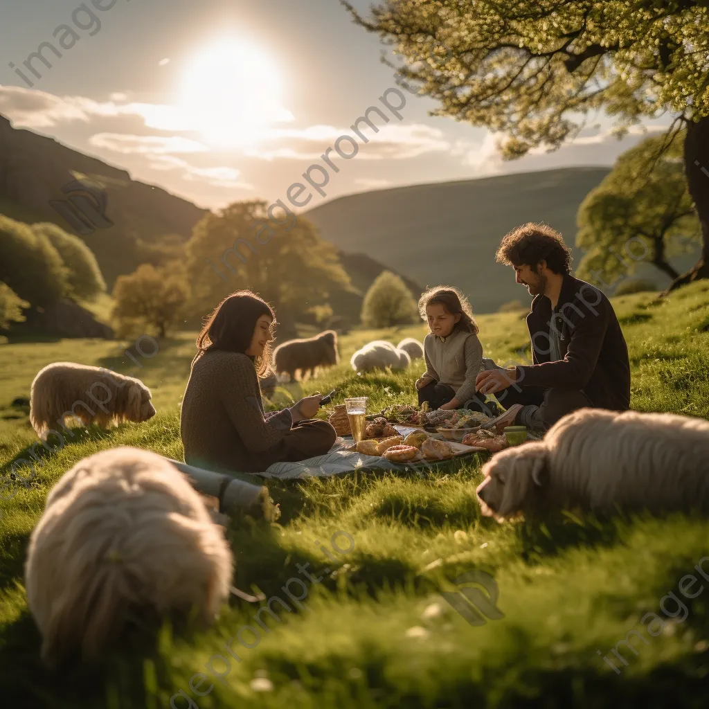 Traditional shepherd family picnic on grassy hill with grazing sheep - Image 1